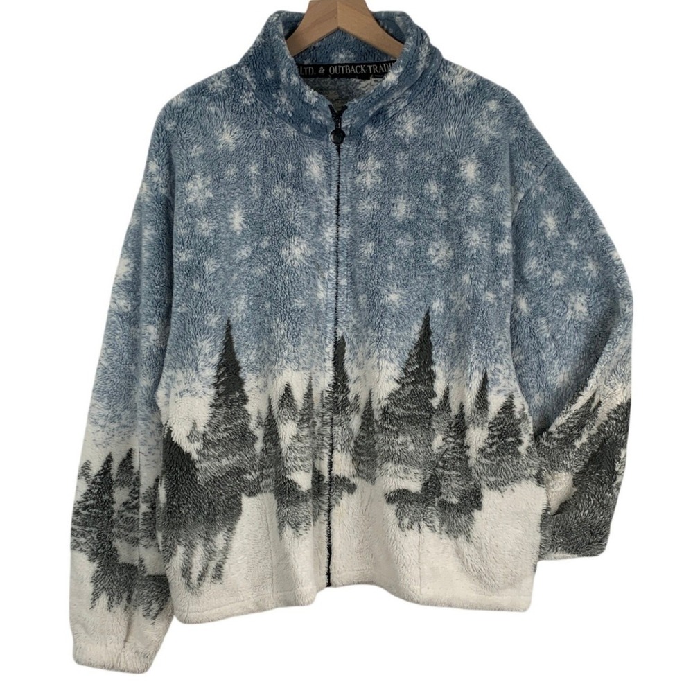 OUTBACK TRADING CO Winter Scenic Horse Snowflake Sherpa Fleece Jacket Sz XL Blue